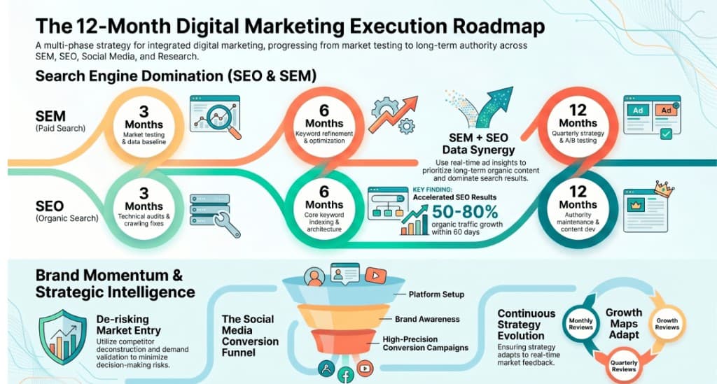 12-month digital marketing execution roadmap covering SEM, SEO, social media, and market research