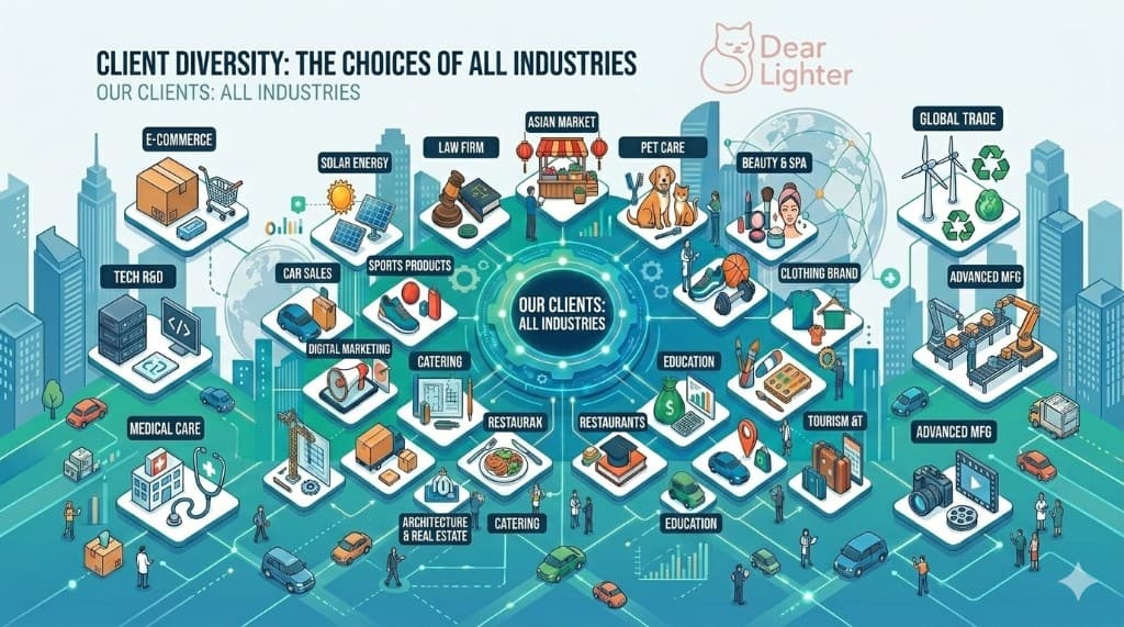 Isometric illustration of diverse client industries connected to a central hub