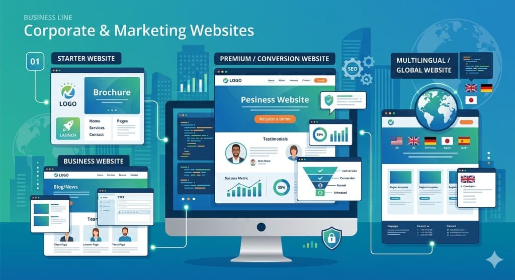 Illustration of Corporate & Marketing Websites service packages and capabilities